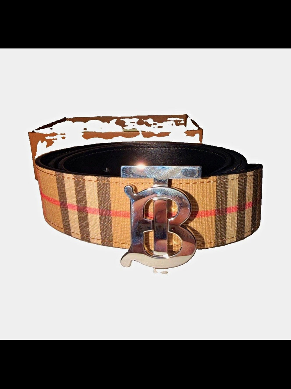 Burberry Tan Nova Check Belt with Silver 'B' Buckle